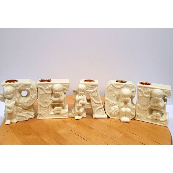 Angel Peace 5 Pc Set Quality Porcelain Cherub Candle Holder Ceramic Cream 3.5'' - Picture 1 of 12